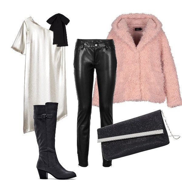 Outfit donna - Argento a Naltale. Stile Trendy per Serata fuori. Abbinamento con stivali, pantaloni, pochette, pelliccia eco, vestiti asimmetrici.