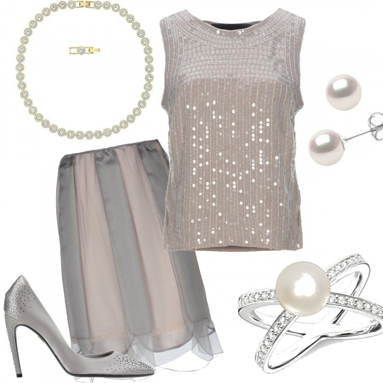 Outfit donna - Il regalo di Capodanno. Stile Chic per Serata fuori. Abbinamento con top, gonna longuette, décolleté, anelli, collana bianco e oro, orecchini con perle farfallina bianco e oro.