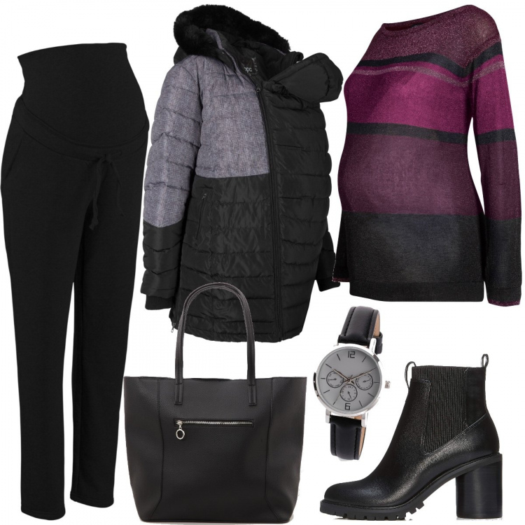 Outfit donna - Premaman a lavoro domani!. Stile Basic per Ufficio. look ideale per Premaman. Abbinamento con blazer, pantalone sport premaman elasticizzato nero, maglione premaman a righe viola, jeans, shopping bag con manico in ecopelle nero, stivaletti chelsea.