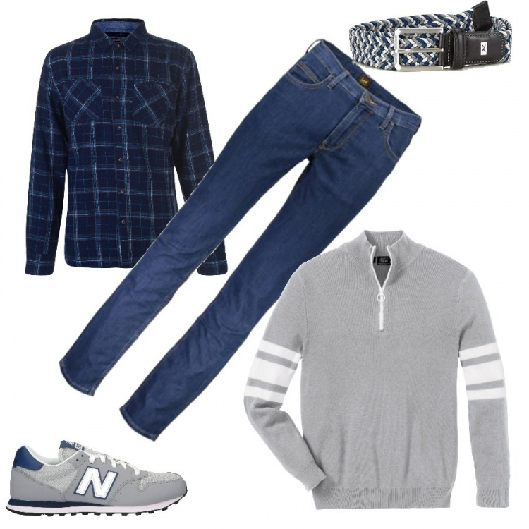 Outfit uomo - Natale in sneakers. Stile Casual per Tutti i giorni. Abbinamento con t-shirt sportive, sneakers in pelle sintetica grigio, camicia, jeans, cintura.