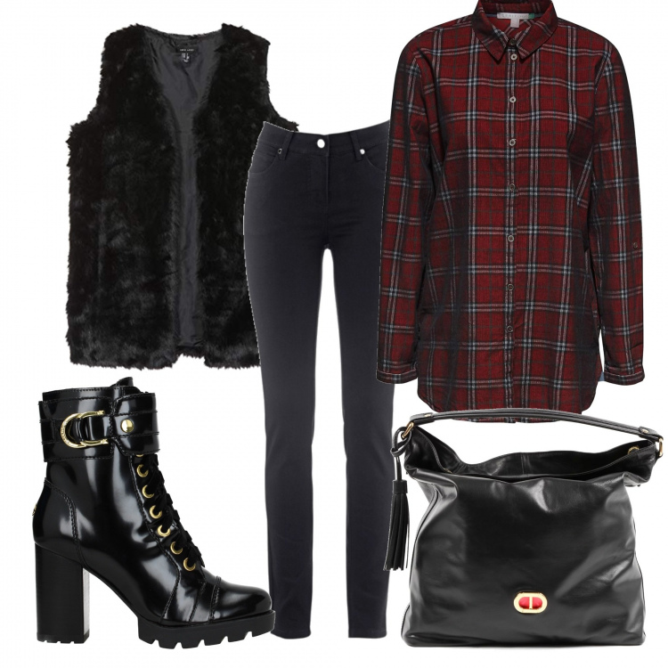 Outfit donna - Sempre un po\' di carattere in più. Stile Urban per Tutti i giorni. Abbinamento con jeans dritti, stivaletti, camicia, ecopelliccia, borsa a mano in pelle nero.