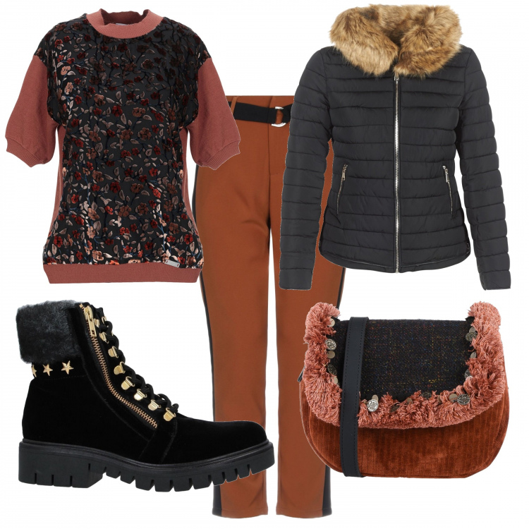 Outfit donna - Stivali maglia e borsa vellutati. Stile Trendy per Tutti i giorni. Abbinamento con pullover senza tasche fantasia floreale lavorato a maglia collo tondo a maniche corte in velluto, pantalone lungo, stivaletti, borsa a tracolla, piumino.