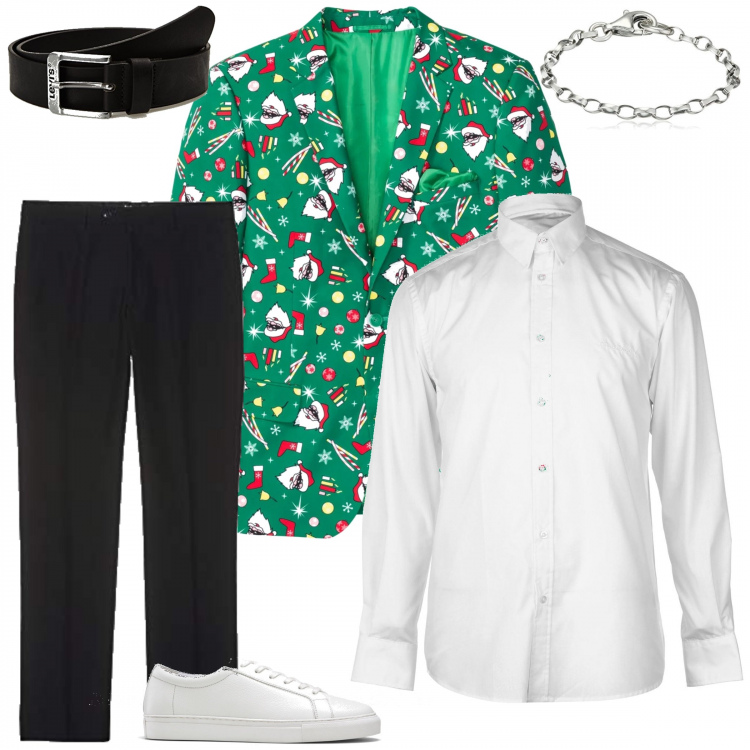 Outfit uomo - Outfit natalizio con cintura. Stile Casual per Serata speciale. Abbinamento con blazer, braccialetti, pantalone a sigaretta nero, camicie, cintura nero e marrone, sneakers.