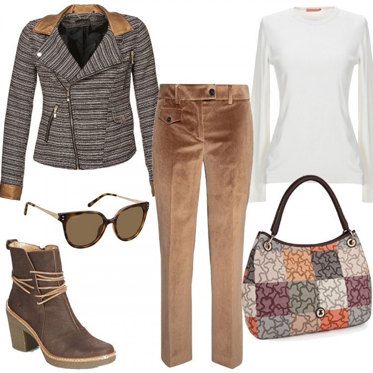 Outfit donna - Pantaloni di velluto. Stile Trendy per Tutti i giorni. Abbinamento con pantalone lungo, pullovers, giacca, shopping bag, stivaletti, occhiali da sole.