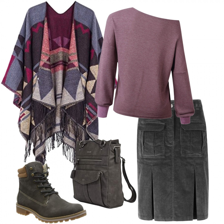 Outfit donna - La gonna di velluto. Stile Urban per Tutti i giorni. Abbinamento con vestiti lunghi, maglione oversize con spalle scoperte a maniche lunghe in in maglia, poncio, portamonete nero, stivali.