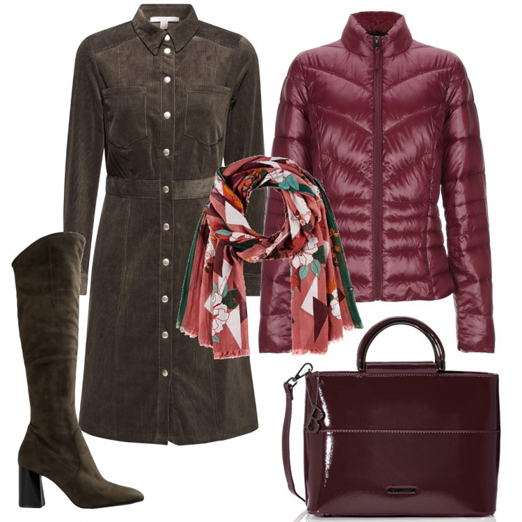 Outfit donna - Vestito in velluto. Stile Trendy per Tutti i giorni. Abbinamento con piumino, stivali, vestito, borsa zainetto rosso, sciarpe.