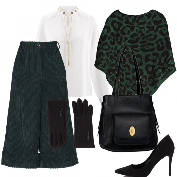 Outfit donna - Velluto a coste. Stile Chic per Ufficio. Abbinamento con pantalone, décolleté tinta unita nero, guanti con bottoni nero, camicetta bianco, cappotti, borsa tote.