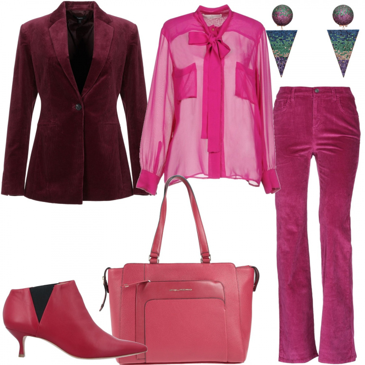 Outfit donna - Velluto. Stile Trendy per Tutti i giorni. Abbinamento con pantaloni, giacca, borsa a mano, camicie, stivaletti, orecchini.