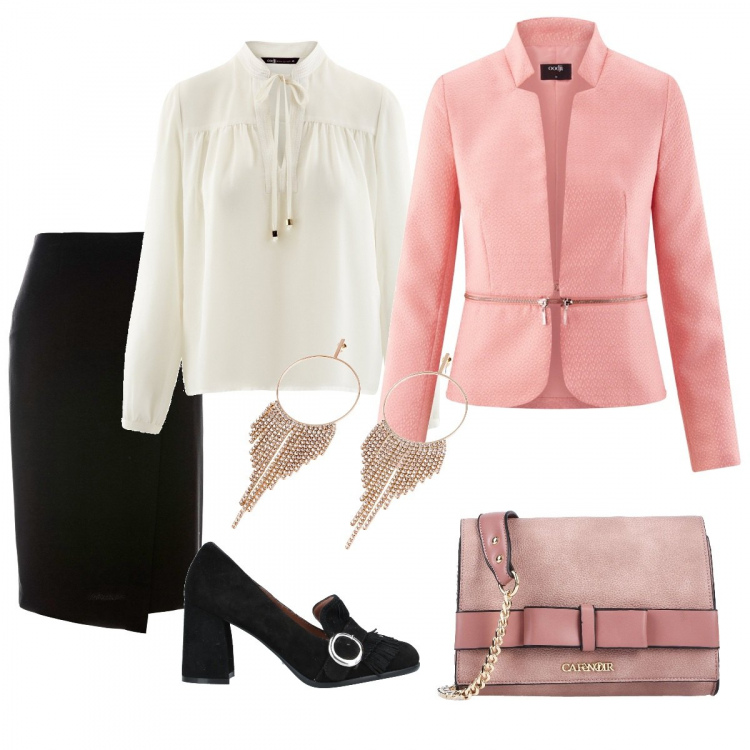 Outfit donna - Post office #5. Stile Bon Ton per Ufficio. Abbinamento con mocassini effetto scamosciato con tacco squadrato interno in pelle con punta tonda tinta unita, borsa a tracolla mini tinta unita, gonna a portafoglio con zip nero, orecchini, giacca aderente rosa, camicie.
