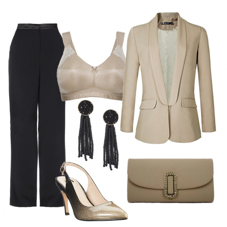 Outfit donna - Cena con smoking. Stile Chic per Serata fuori. Abbinamento con pantalone lungo, top, sneakers, borsa a mano, blazer, scarpa col tacco.