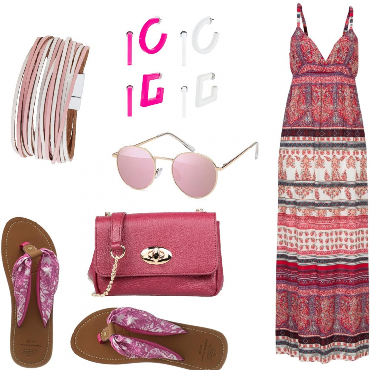Outfit donna - Aperitivo in riva al mare in fucsia.. Stile Etnico per Mare. Abbinamento con borsa a tracolla mini contrasto in pelle martellata a scatto interno foderato tinta unita, pantaloni, braccialetto, vestiti, infradito rosa, occhiali da sole.