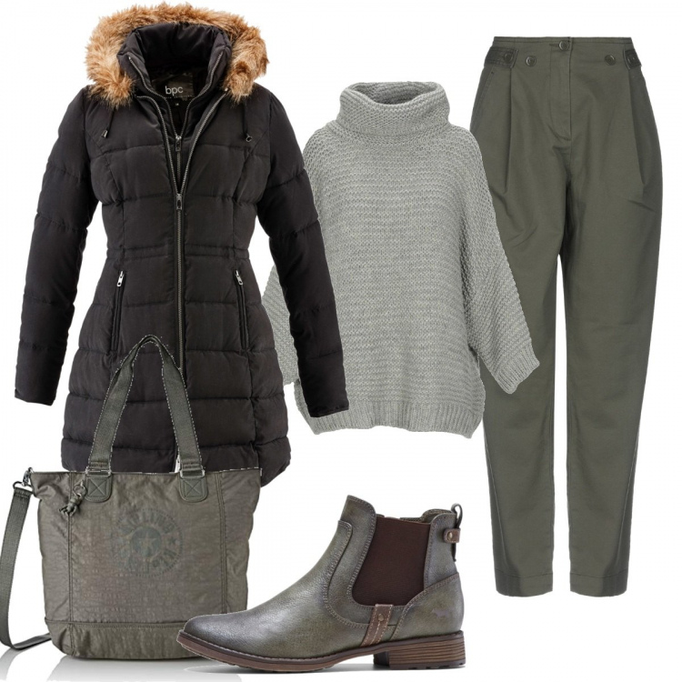 Outfit donna - Al lavoro col freddo. Stile Basic per Ufficio. Abbinamento con giacche, bikini, maglioncino melange lavorato a maglia collo a dolcevita a maniche corte taglia media tinta unita, pantalone a sigaretta vita alta con zip twill, shopping bag.