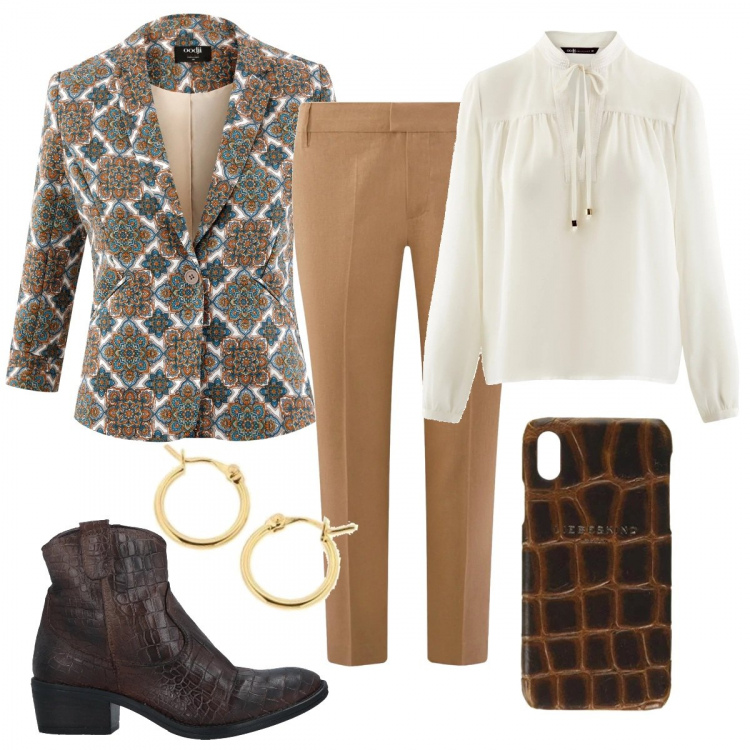 Outfit donna - Regalo una cover all\'ultimo minuto. Stile Trendy per Tutti i giorni. Abbinamento con stivaletti, blazer, pantaloni capri, camicie, borsa a tracolla marrone, orecchini.