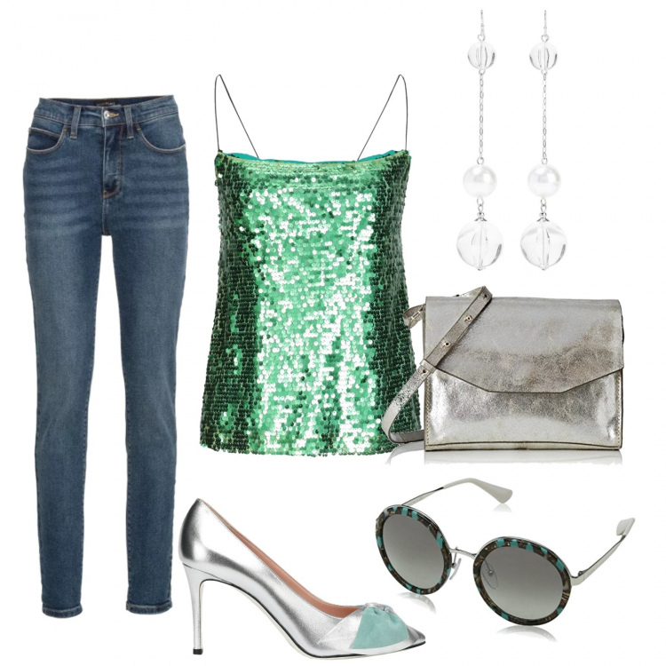 Outfit donna - Glam estivo. Stile Urban per Tutti i giorni. Abbinamento con jeans skinny, top, orecchini, décolleté, borse a tracolla, occhiali da sole a righe verde.