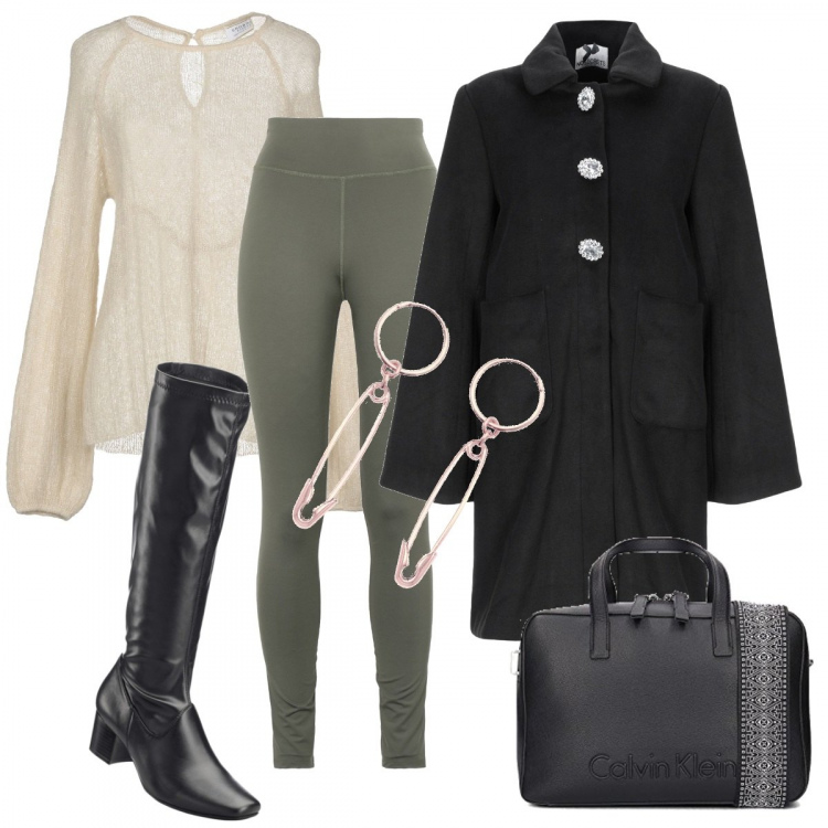 Outfit donna - Minimal chic. Stile Urban per Tutti i giorni. Abbinamento con stivali, pullover lavorato a maglia collo tondo a maniche lunghe in mohair tinta unita, cappotti, leggings, orecchini, borsa a tracolla.
