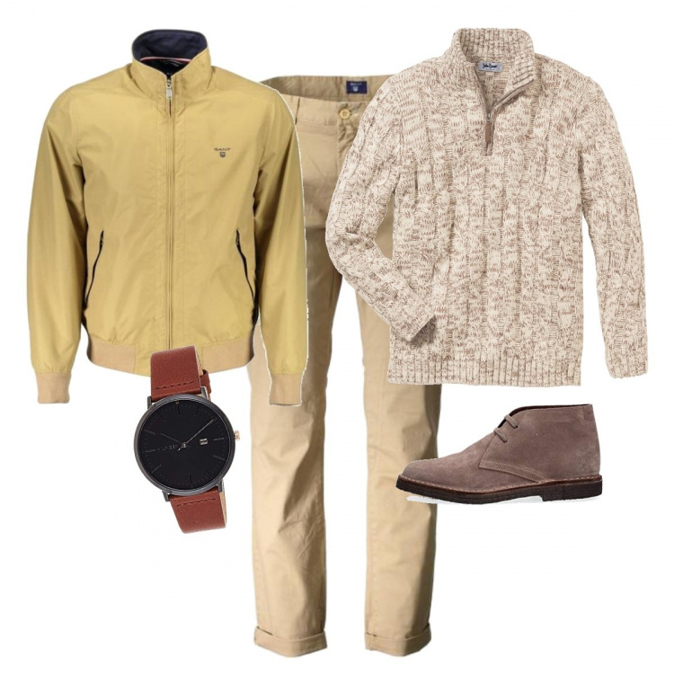 Outfit uomo - In offerta giorno Gant. Stile Casual per Tutti i giorni. Abbinamento con maglieria, scarpe beige e grigio, giubbotto, orologio analogico con cinturino nero, pantaloni.