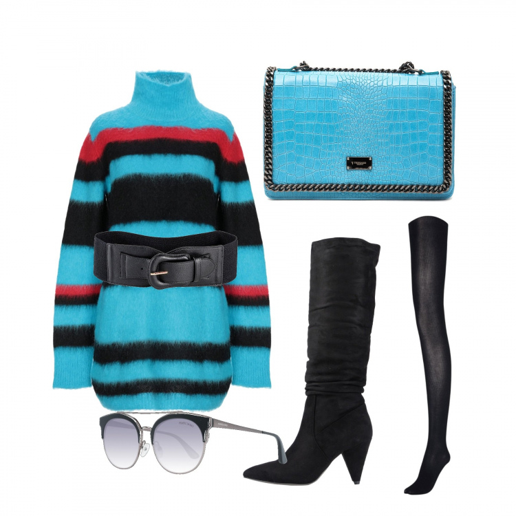 Outfit donna - Maglione lungo. Stile Trendy per Tutti i giorni. Abbinamento con cinture, vestito corto senza tasche a righe lavorato a maglia collo alto a maniche lunghe taglia media interno sfoderato in mohair, stivali, collant, borsa, occhiali da sole.
