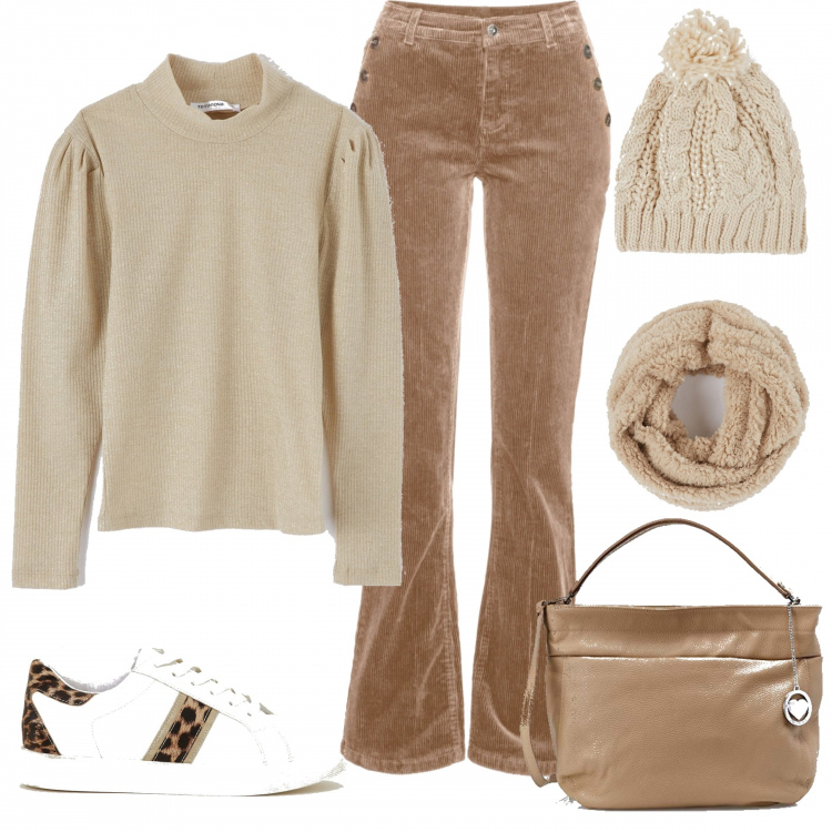 Outfit donna - Outfit con pantaloni di velluto.. Stile Trendy per Tutti i giorni. Abbinamento con sneakers animalier in ecopelle bianco, maglia lunga tinta unita beige, anello, berretto a trecce avorio, pantalone bootcut in velluto elasticizzato marrone, borsa a spalla.