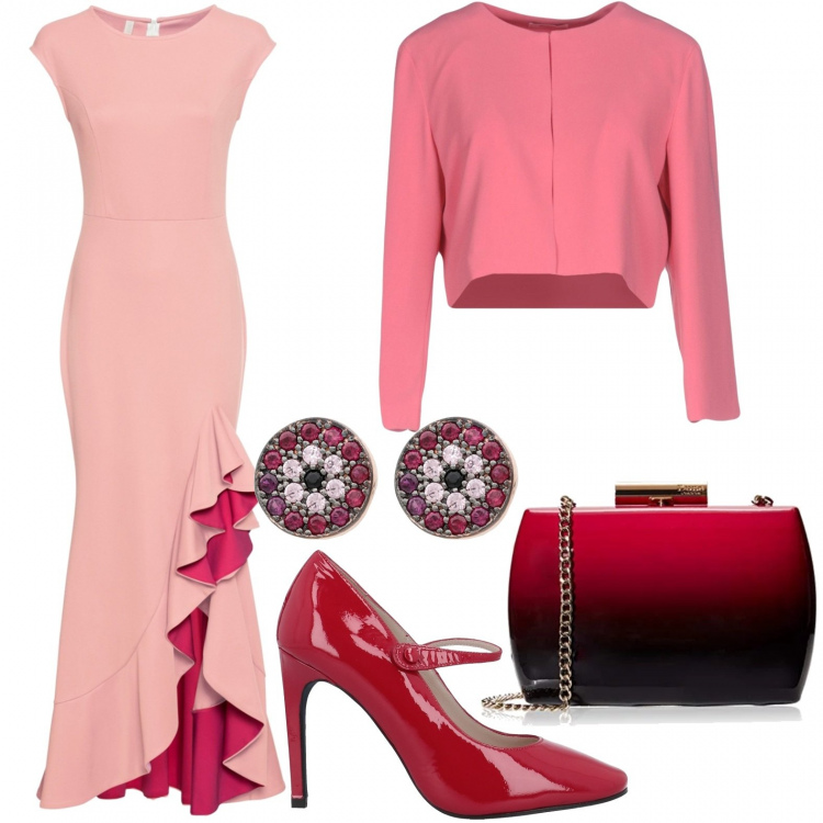 Outfit donna - Oh la la#2. Stile Sexy per Serata fuori. Abbinamento con blazer, décolleté, orecchini con farfallina argento, vestiti, pochette rosso.