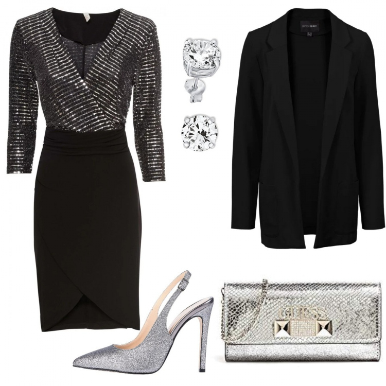 Outfit donna - Un abito raffinato. Stile Chic per Serata fuori. Abbinamento con vestiti, blazer, décolleté effetto laminato a punta tinta unita, pochette in ecopelle argento, orecchini.