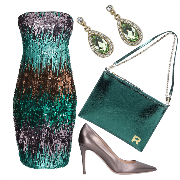 Outfit donna - Multicolor 2020: si brilla!. Stile Sexy per Serata fuori. Abbinamento con vestiti, décolleté, borse a mano, orecchini.