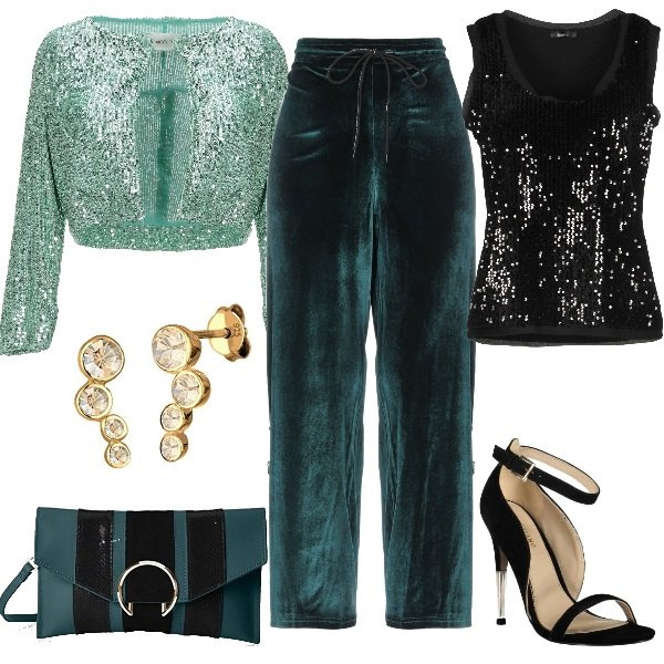 Outfit donna - Glitter e Pailletes per Capodanno. Stile Trendy per Serata fuori. Abbinamento con pantalone a sigaretta con strass vita alta con coulisse in ciniglia con bande laterali tinta unita, top con paillettes collo tondo senza maniche in ciniglia tinta unita, blazer, sandali, orecchini, borse a mano.