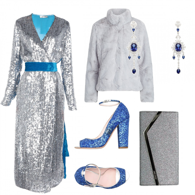 Outfit donna - Parti di fine anno scintillante. Stile Chic per Serata fuori. Abbinamento con vestiti lunghi, ecopelliccia, décolleté, orecchini, pochette.