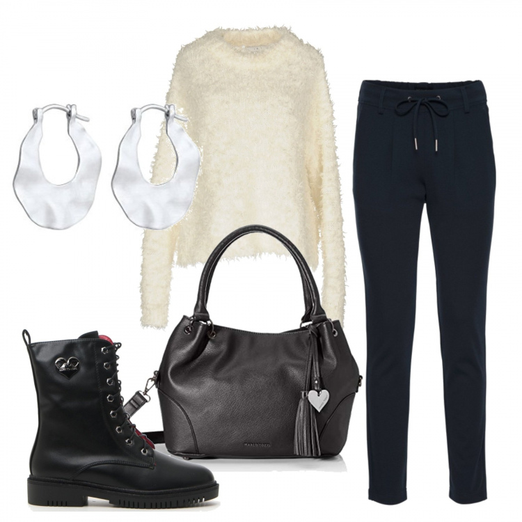 Outfit donna - Il pull in misto mohair. Stile Trendy per Ufficio. Abbinamento con pantaloni, pullovers, stivaletti, borsa a mano nero, orecchini.