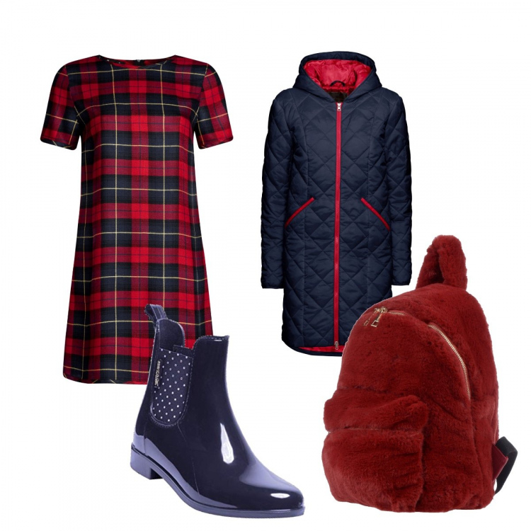 Outfit donna - Natale trendy. Stile Trendy per Tutti i giorni. Abbinamento con blazer, zaini, vestiti, stivali di gomma.