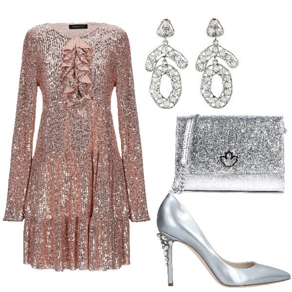 Outfit donna - Capodanno sotto le stelle. Stile Sexy per Serata fuori. Abbinamento con vestito corto, décolleté, borse a spalla, orecchini.