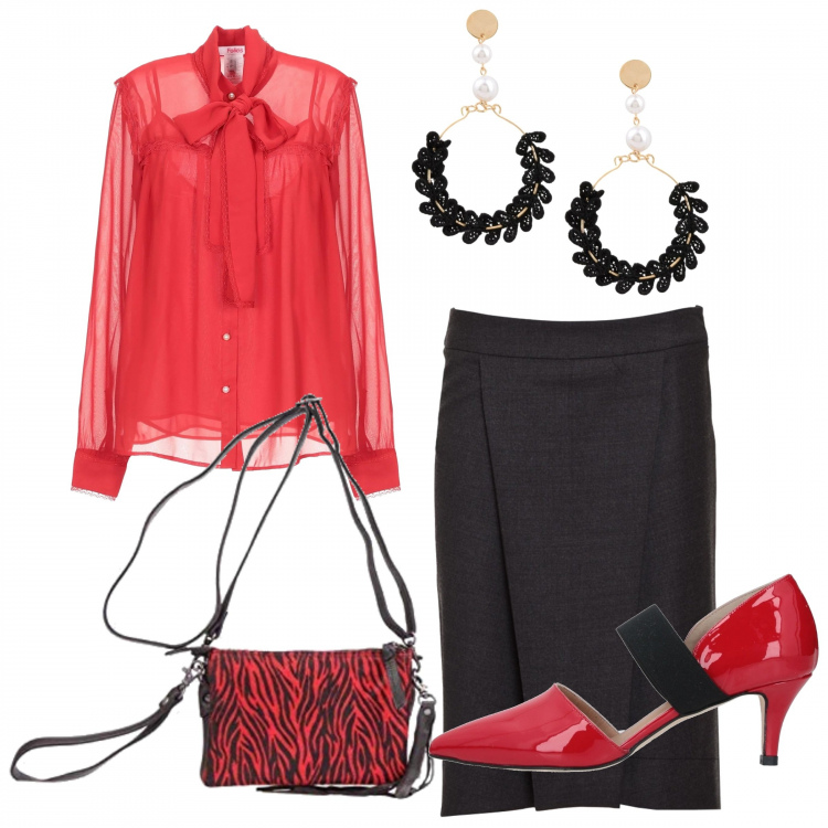 Outfit donna - La vigilia di natale. Stile Bon Ton per Serata fuori. Abbinamento con camicie, décolleté contrasto effetto vernice a punta tinta unita, orecchini, gonne, portafogli.
