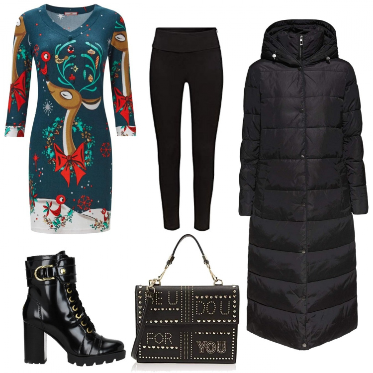 Outfit donna - Aspettando Babbo Natale .... Stile Trendy per Tutti i giorni. Abbinamento con stivaletti, vestito, giubbotto, borsa a mano nero, jeggings.