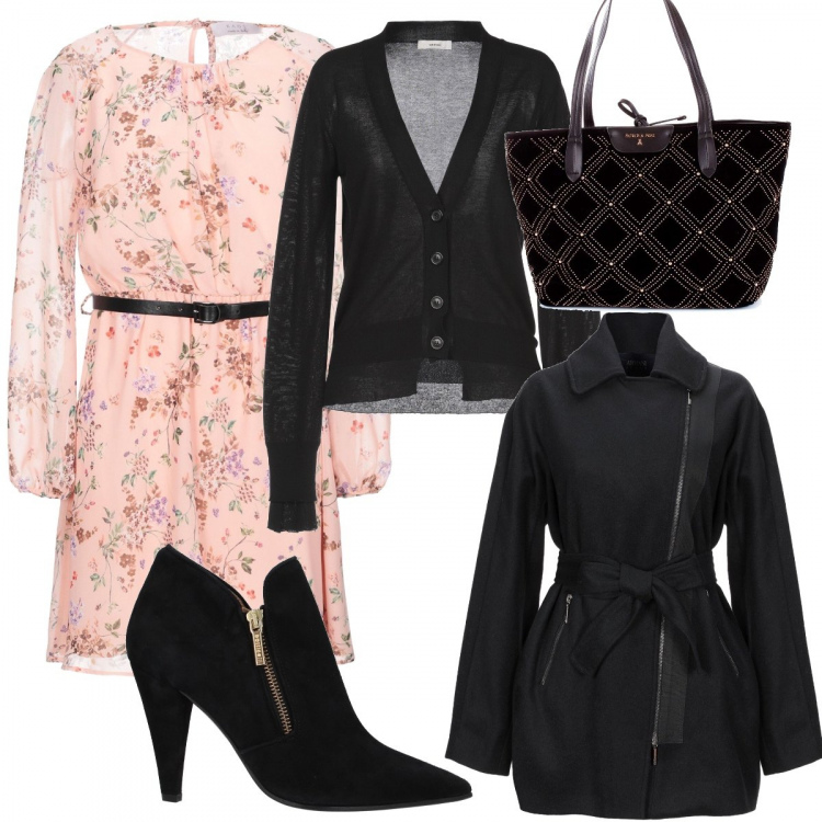 Outfit mujer - Occidente. Estilo Urban para Oficina. Combinación con shopping bag, vestito fantasia floreale, maglioncino, cappotto, botines.