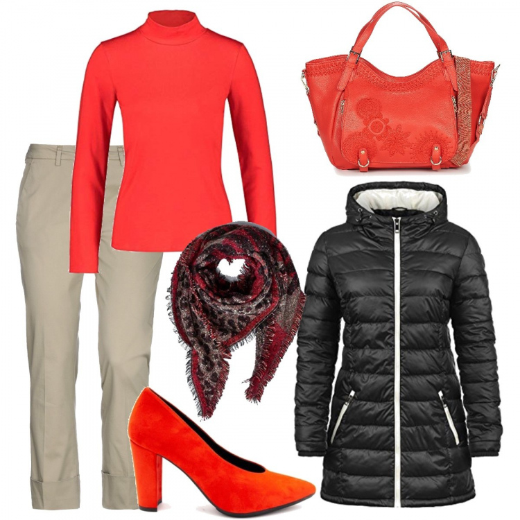 Outfit mujer - Red cool. Estilo Basic para Oficina. Combinación con parka nero, maglietta rosso, sciarpa multicolore e rosso, zapatos de tacón, borsa a tracolla nero, pantalones.