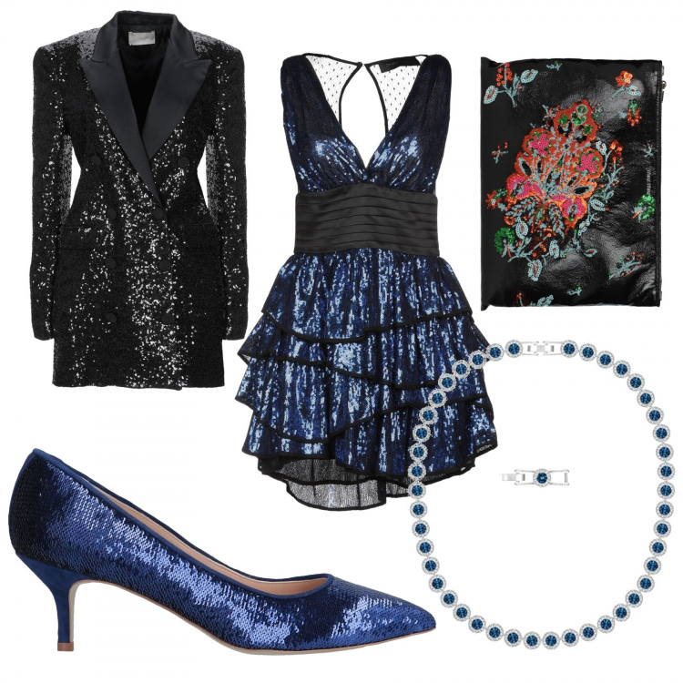 Outfit donna - Glitter e Pailettes. Stile Chic per Serata fuori. Abbinamento con vestiti corti, soprabito doppiopetto con paillettes collo con revers a maniche lunghe interno foderato in raso tinta unita, décolleté, pochette, collana blu.