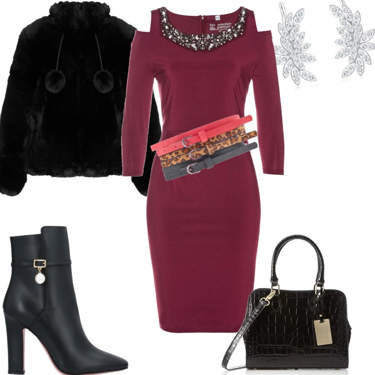 Outfit donna - La vigilia di Natale. Stile Bon Ton per Serata fuori. Abbinamento con vestiti, pantaloni capri, stivaletti, ecopellicce, borse a mano, orecchini.