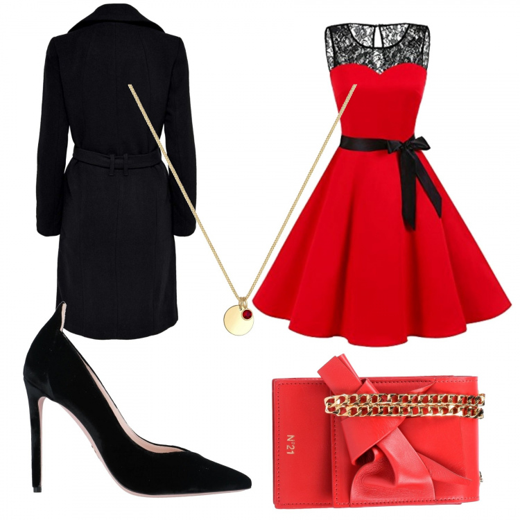 Outfit donna - La vigilia di Natale. Stile Chic per Serata fuori. Abbinamento con borsa a tracolla petit tinta unita, décolleté a punta in velluto tinta unita, vestiti senza maniche, cappotto, collana.