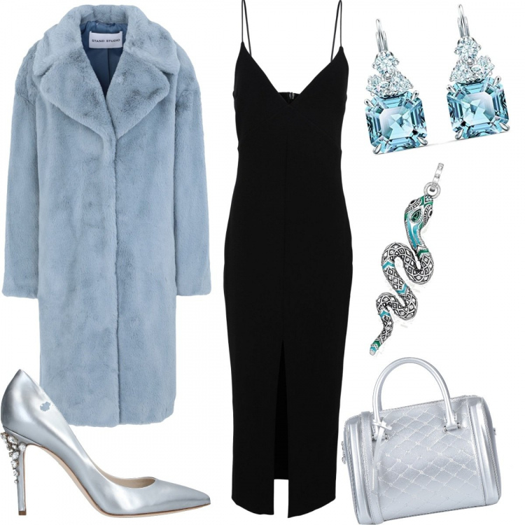 Outfit donna - Cosa metto a Capodanno?. Stile Chic per Cerimonia. Abbinamento con vestiti midi/longuette, ecopelliccia, borse a mano, décolleté, orecchini, ciondoli.