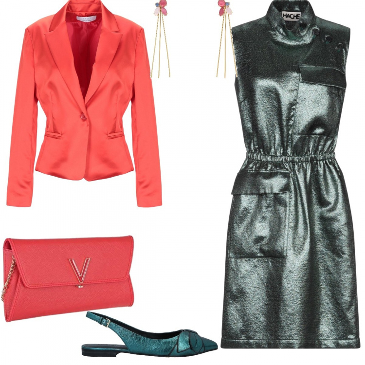 Outfit donna - La Vigilia di Natale. Stile Bon Ton per Tutti i giorni. Abbinamento con vestito senza maniche, ballerine con fiocco effetto laminato senza tacco con cinturino a punta tinta unita, blazer, orecchini, pochette.