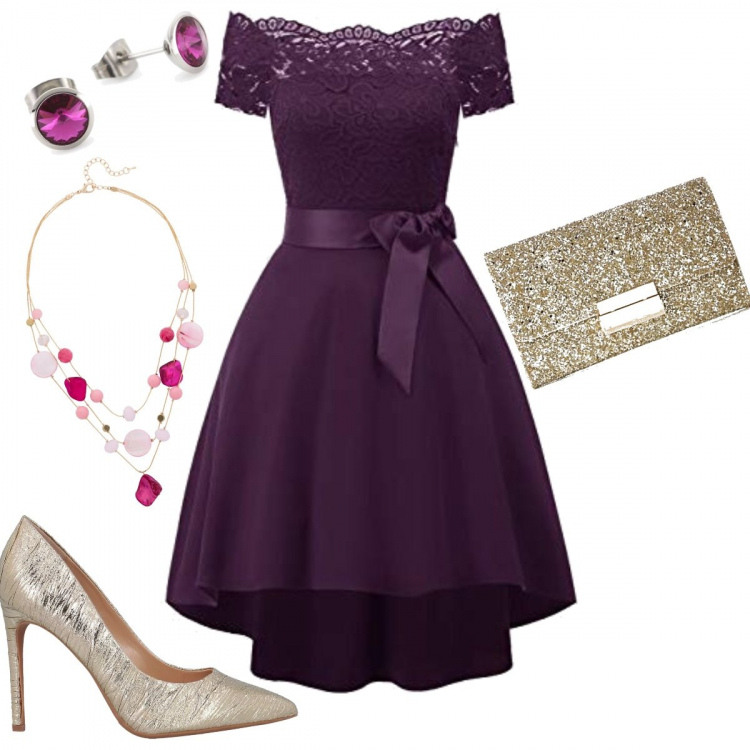 Outfit donna - A Capodanno. Stile Chic per Cerimonia. Abbinamento con collana oro, décolleté effetto laminato a punta tinta unita, vestito, pochette oro, orecchini.