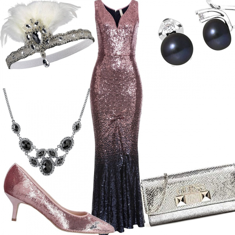 Outfit donna - Capodanno in. Stile Chic per Cerimonia. Abbinamento con vestiti lunghi, décolleté, fasce per capelli, orecchini con perle e perline argento e nero, pochette in ecopelle argento, collana.