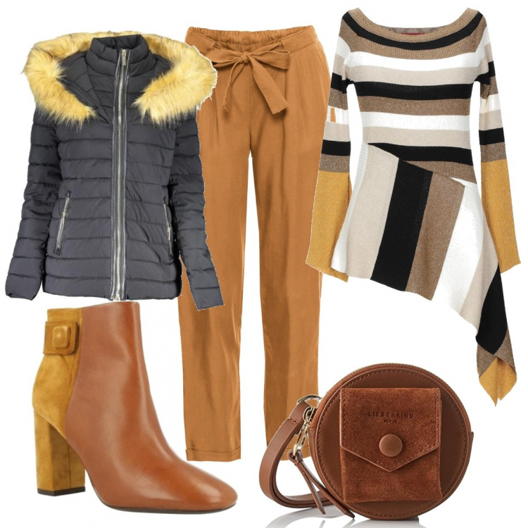 Outfit donna - Basic #23109. Stile Basic per Tutti i giorni. look ideale per Tall. Abbinamento con pullover, shopping bag, stivaletti, giubbotto, borsa a tracolla marrone.