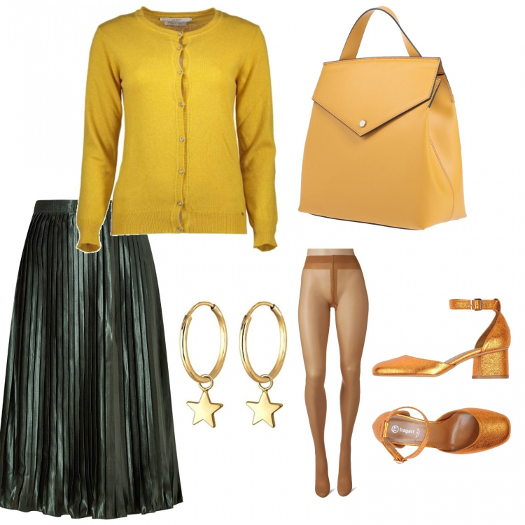 Outfit donna - Cena in famiglia. Stile Basic per Serata fuori. Abbinamento con décolleté, zaini, gonne longuette, cardigans, collant, orecchini.