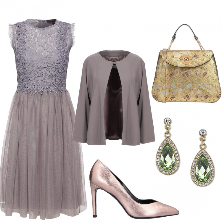 Outfit donna - Capodanno senza rosso. Stile Bon Ton per Serata fuori. Abbinamento con borse a mano, décolleté effetto laminato a punta tinta unita, blazer, vestito, orecchini.
