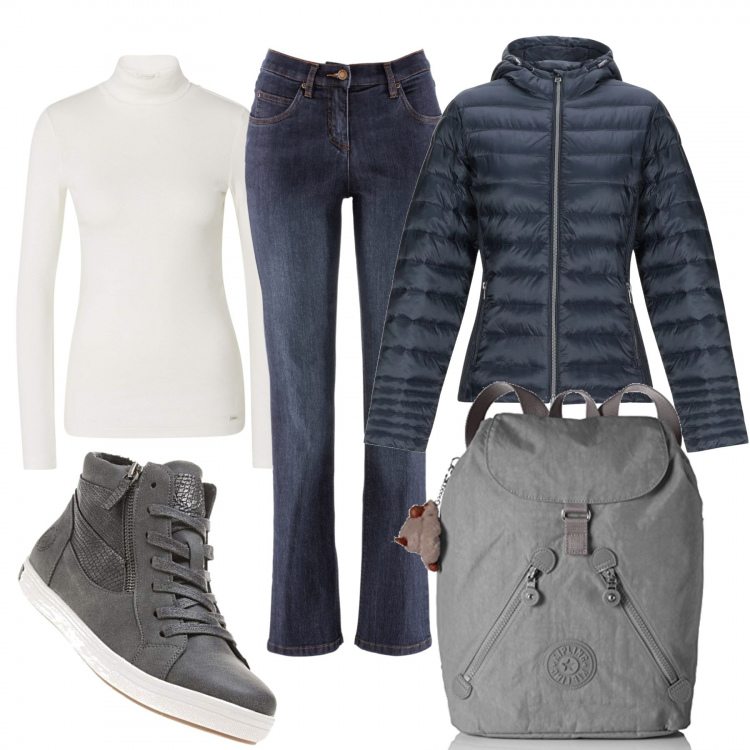 Outfit donna - Lo zainetto per l\'amica sportiva. Stile Basic per Scuola/Università. Abbinamento con jeans dritti, piumino con cappuccio a maniche lunghe con zip interno imbottito in tessuto tecnico tinta unita, sneakers collo alto grigio, zaino con fibbia grigio, t-shirt.