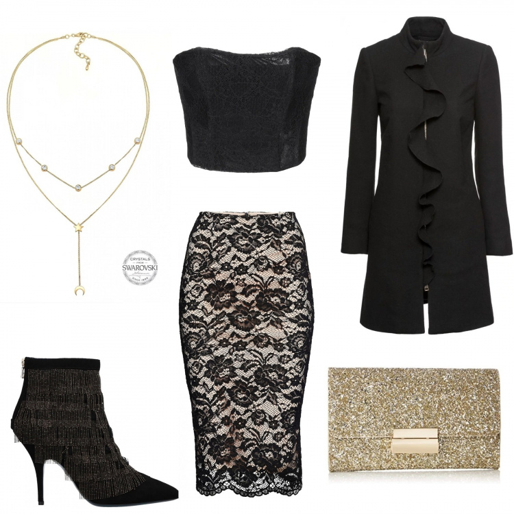Outfit donna - Capodanno seducente. Stile Sexy per Serata fuori. Abbinamento con borse a tracolla, top con pizzo scollatura profonda senza maniche con fasce interno foderato tinta unita, stivaletti, gonne, pochette oro, collane.