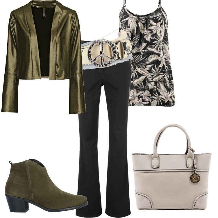 Outfit donna - Pomeriggio libero. Stile Trendy per Tutti i giorni. Abbinamento con top, pantaloni, blazer, stivaletti effetto scamosciato con cubano e zip interno in pelle con punta tonda tinta unita, cintura beige, borse a mano.