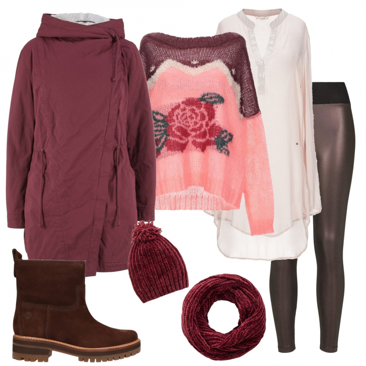 Outfit donna - Capodanno in piazza. Stile Urban per Serata fuori. Abbinamento con parka, berretto, pullovers, blusa senza tasche con paillettes collo a v a maniche lunghe in seta crêpe, treggings, stivali.