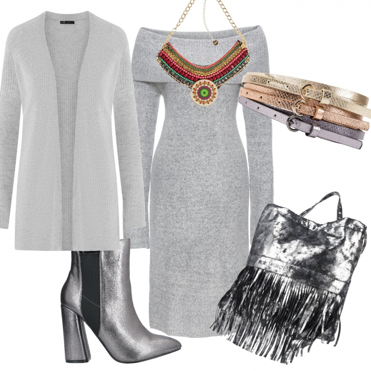 Outfit donna - Capodanno easy e comodo. Stile Trendy per Serata fuori. Abbinamento con cinture, vestiti, borsa, stivaletti, cardigan spacchi laterali collo aperto grigio, collana multicolore.