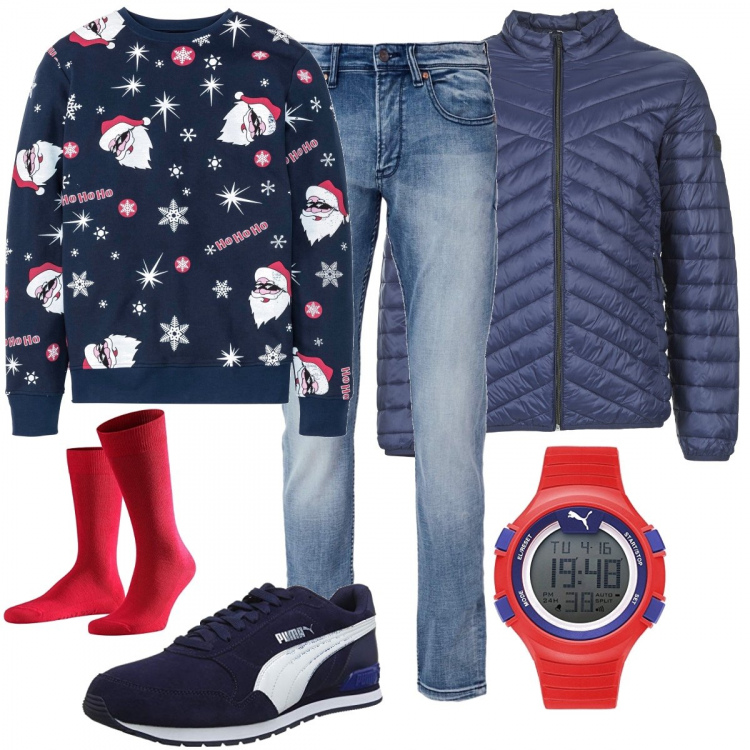 Outfit uomo - Natale dei nonni. Stile Urban per Tutti i giorni. Abbinamento con felpe, piumini, orologi digitali, sneakers unisex-adulto blu, jeans, calze 94% cotone rosso.